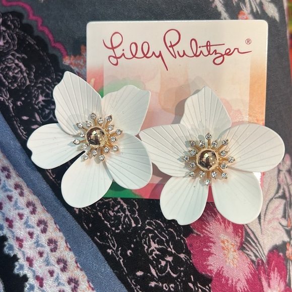 Lilly Pulitzer White Oversized Orchid Floral Earrings with Gold Accents new - Picture 5 of 6